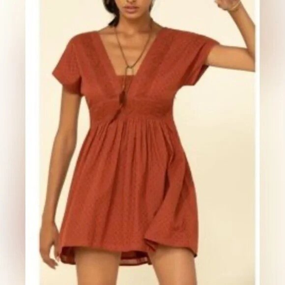 Shyanne Embroidered Boho Babydoll Summer Dress in Rust - Picture 1 of 12